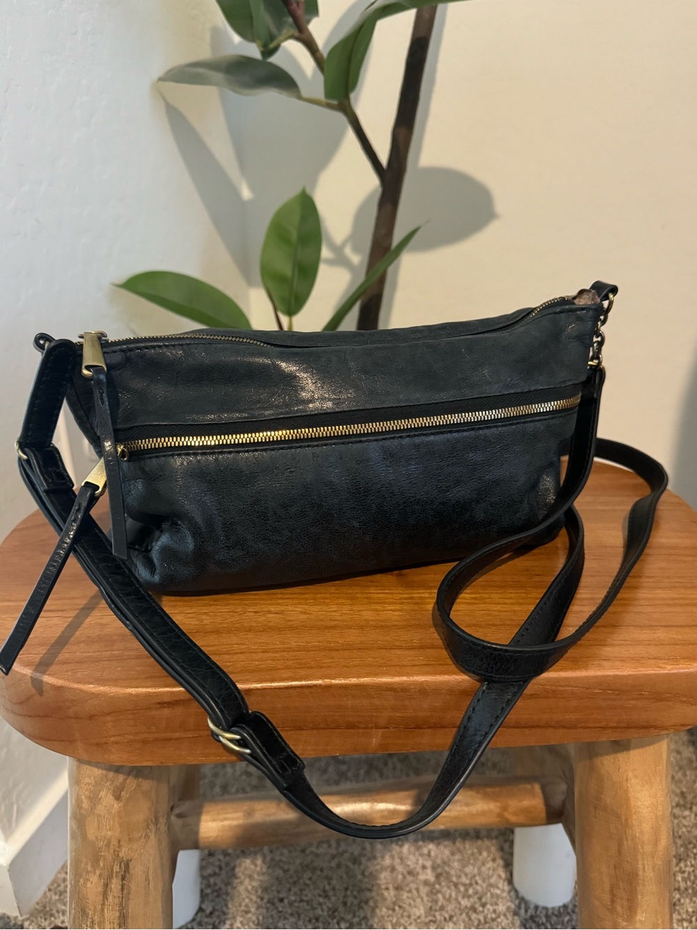 HOBO Black Leather Crossbody with Gold Zipper Accent